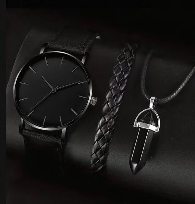 Men's Disc Watch With Rectangle And Beads Bracelet Three-piece Set