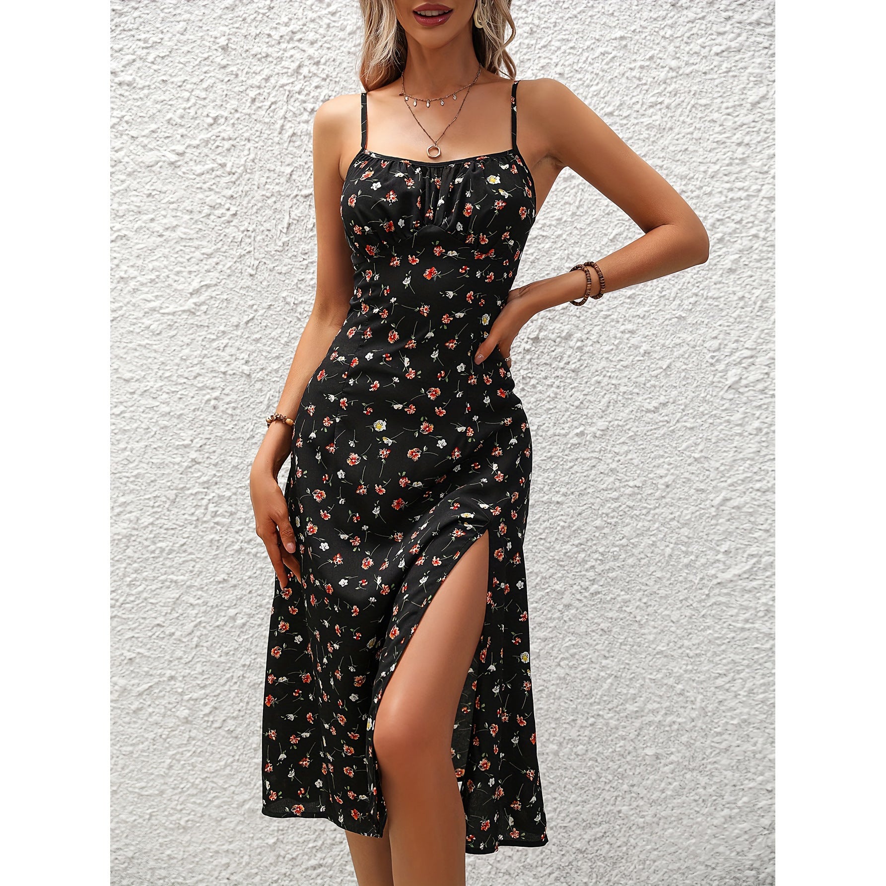 Polka Dot Print Suspender Dress Summer Sexy Split Long Dresses For Womens Clothing