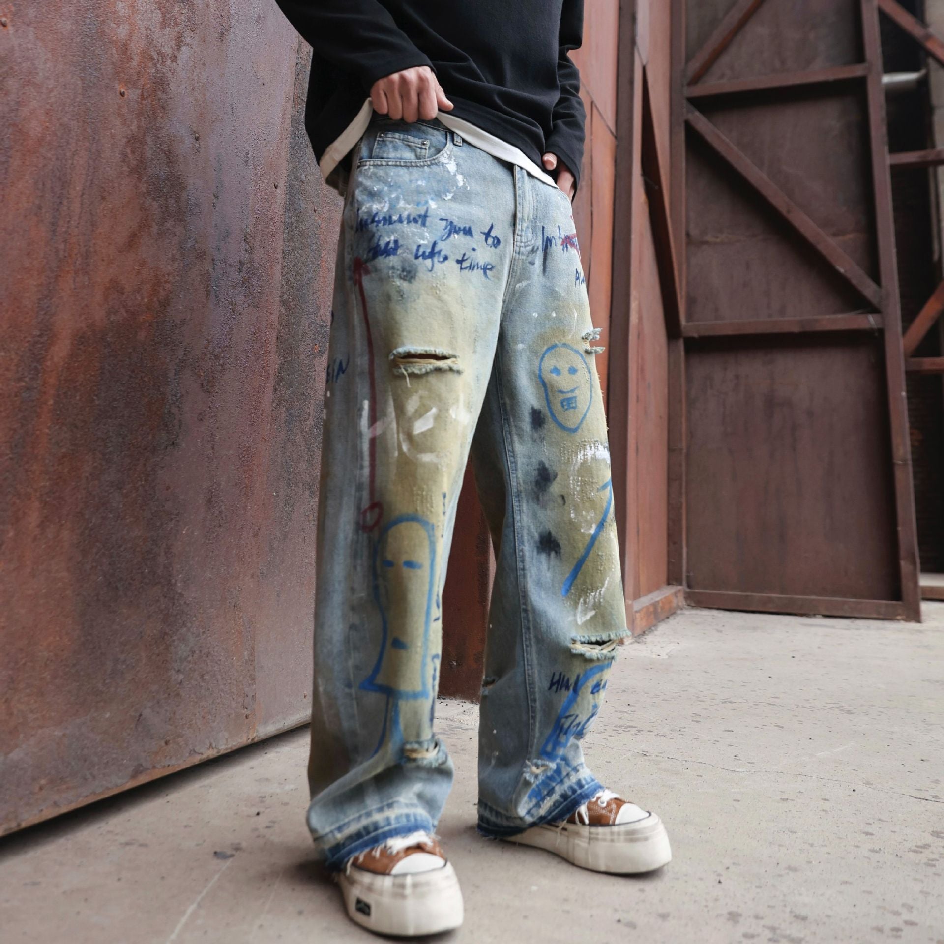 Street Graffiti Ripped Jeans Men Loose Straight Neutral