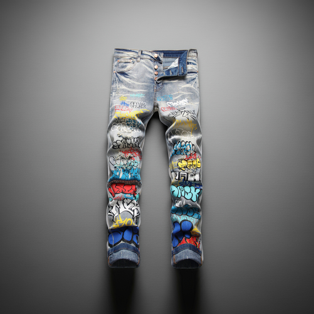Punk Trendy Retro Blue Ripped Slim Elastic Printing Printing And Dyeing Feet Men's Jeans