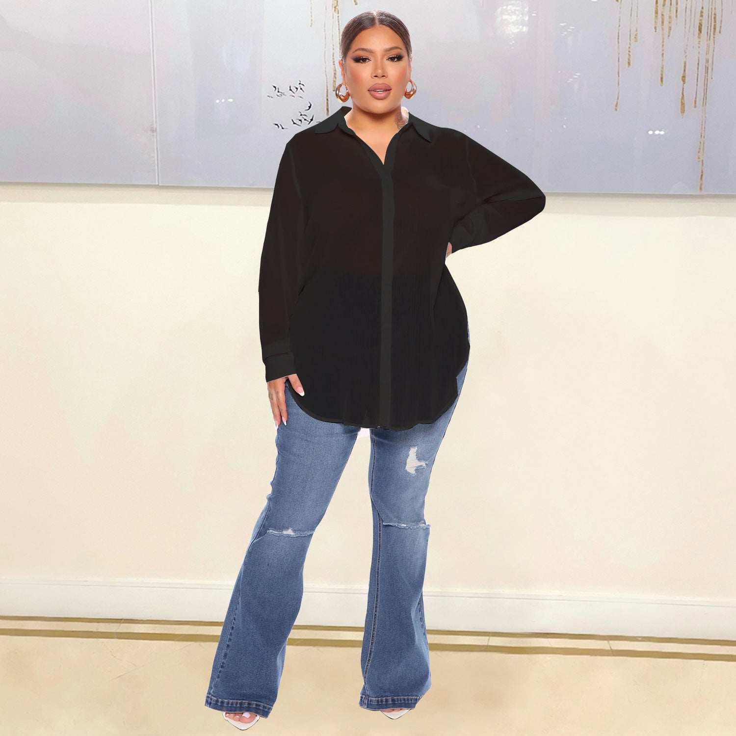 Women's Fashion Long Sleeve Shirts See-Through Protective Clothes