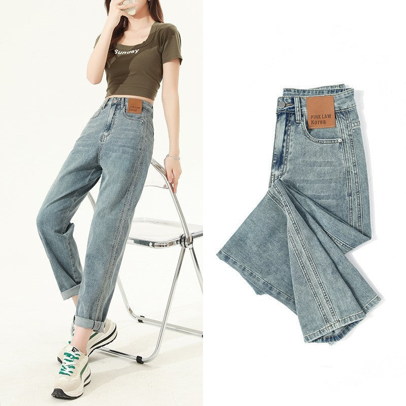 High waist straight harem jeans for women in retro blue denim with cropped length and urban style