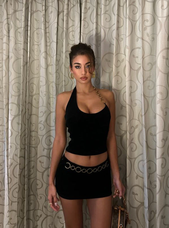 Iron Chain Halter Wrapped Chest Ultra Short Skirt Outfit
