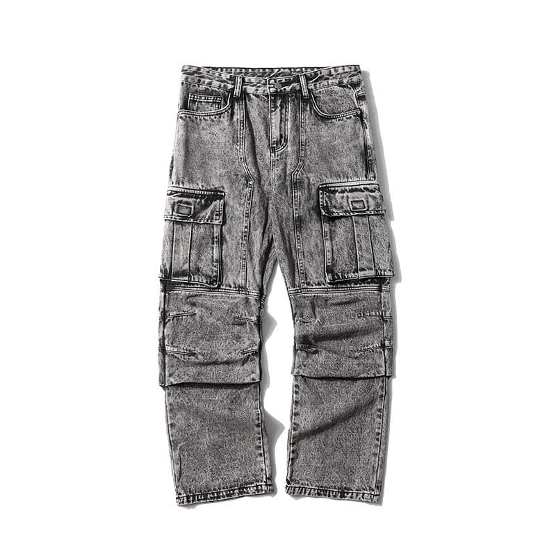 Washed Distressed Multi-pocket Jeans Wide-leg Straight Trousers