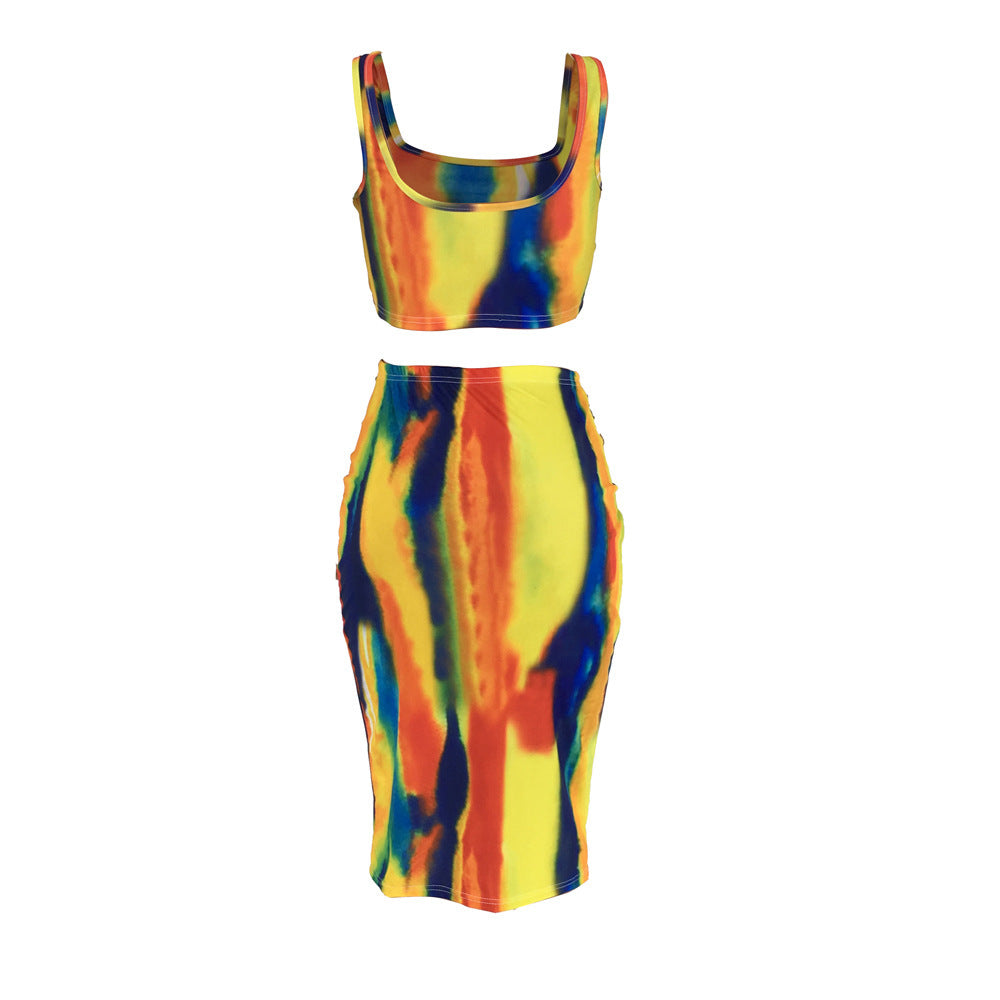 Women's tie-dye suspender skirt suit