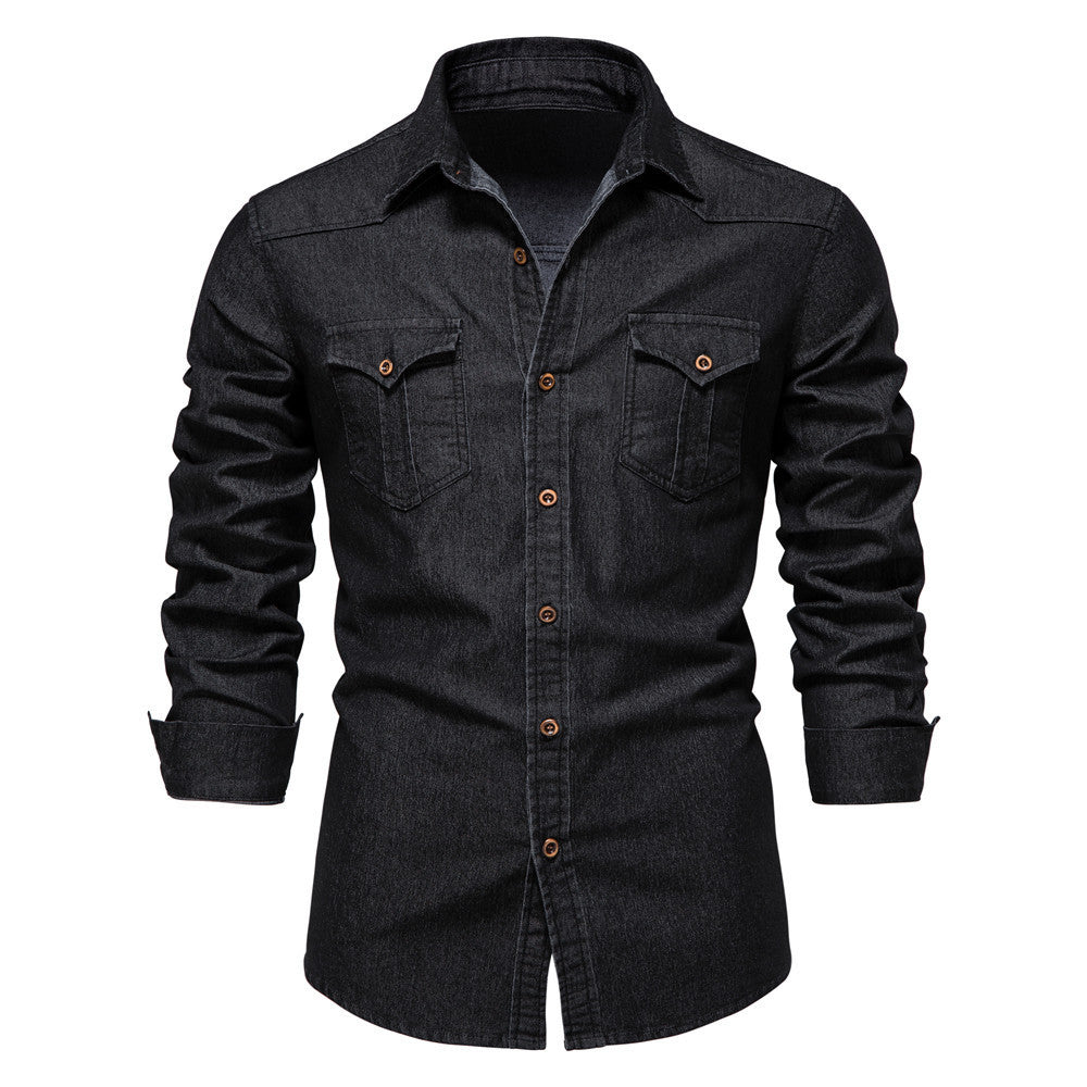 Men's long-sleeved slim fit denim shirt in black with button closure and chest pockets