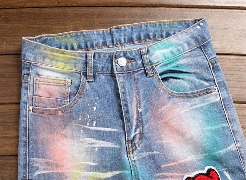 Shredded Patch Blue Painted Men's Stretch Jeans - Urban Stylez Outlet 