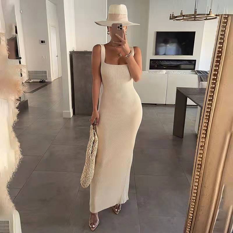 Women's New Color Casual Thread U Neck Vest Long Solid Color Dress