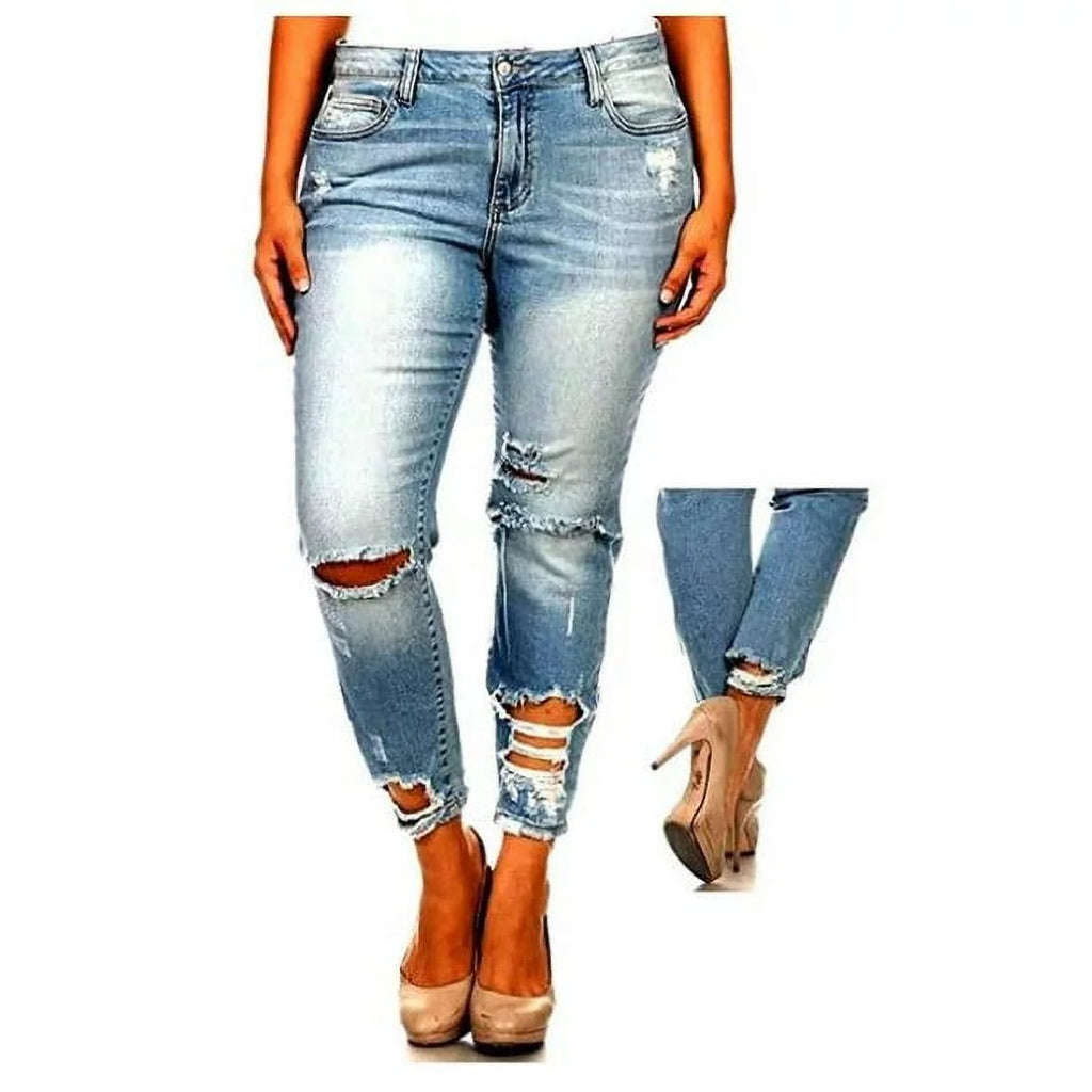 Womens plus Size Stretch Distressed Ripped Blue Skinny Denim Jeans