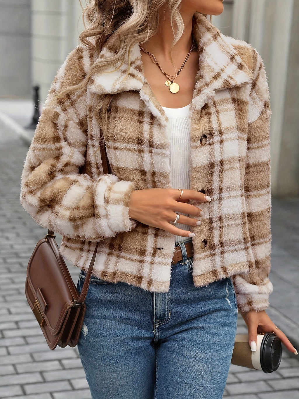 Double-sided Plush Plaid Button Cardigan Casual Coat For Women