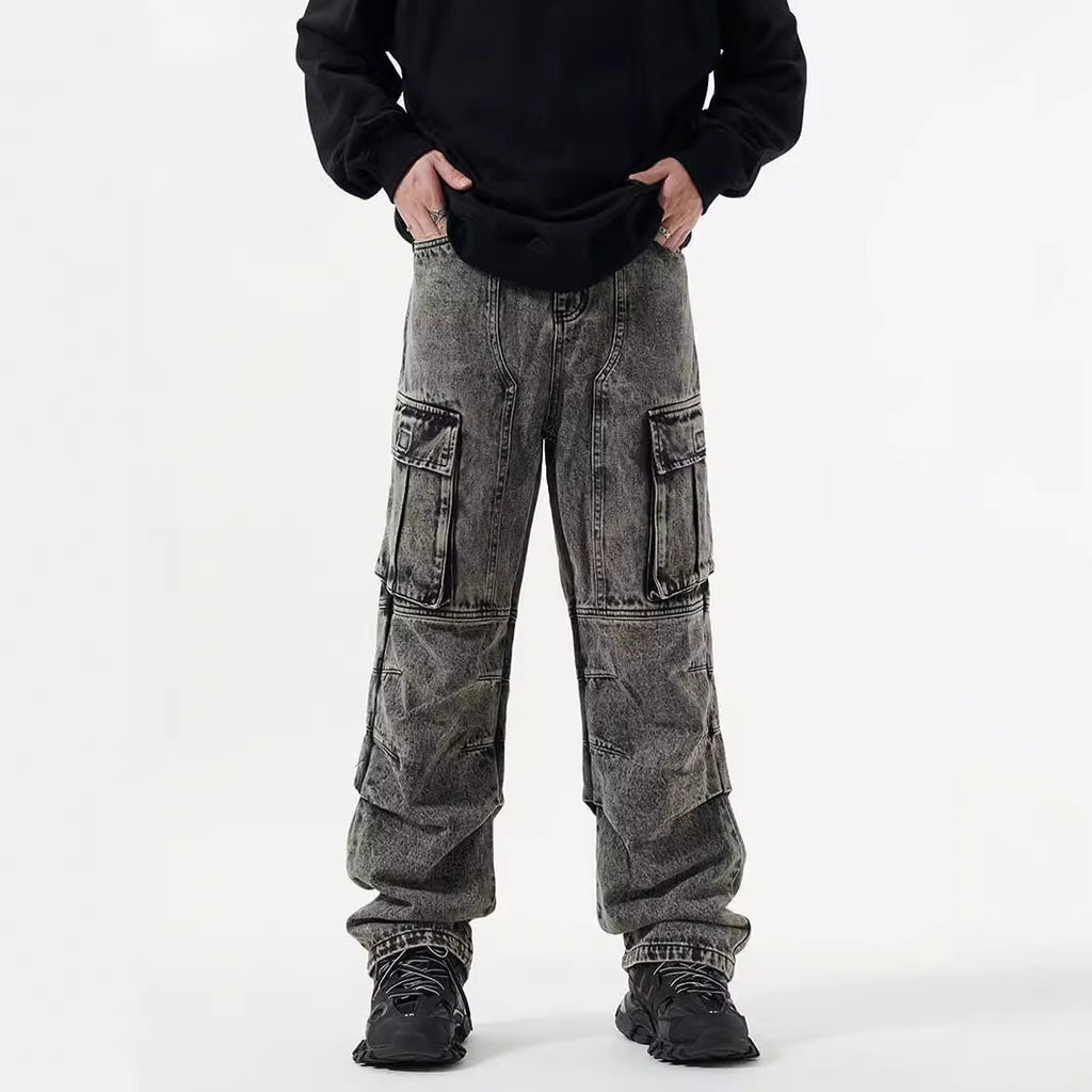 Washed Distressed Multi-pocket Jeans Wide-leg Straight Trousers