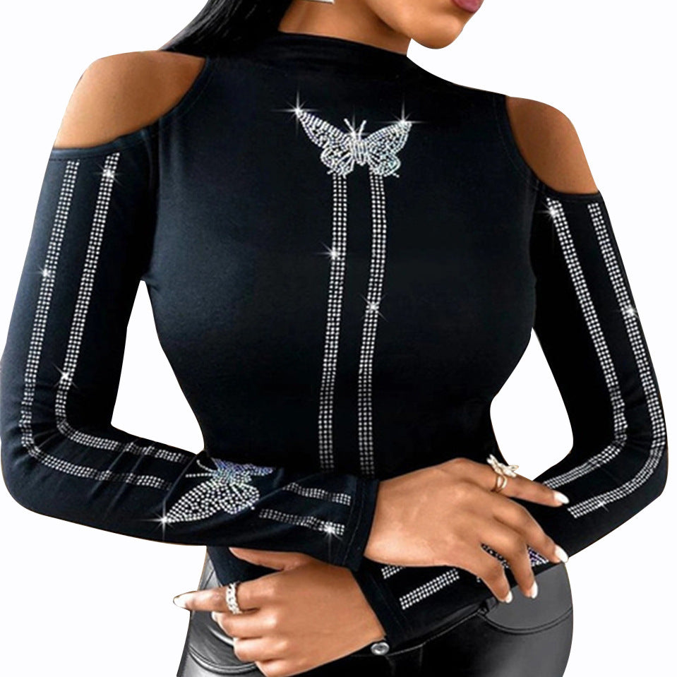 Women's Butterfly-studded Solid Color Strapless Long-sleeved Top