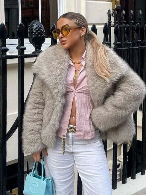 Winter Plush Coat Fashion Warm Thicken Fluffy Lapel Jacket Outwear Casual Long Sleeve Tops Womens Clothing - Urban Stylez Outlet 