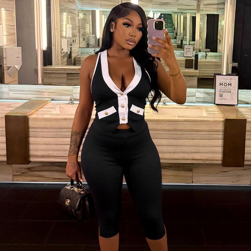 Women's Contrast Color V-neck Gold Button Halter Backless Top Tight Cropped Trousers Suit