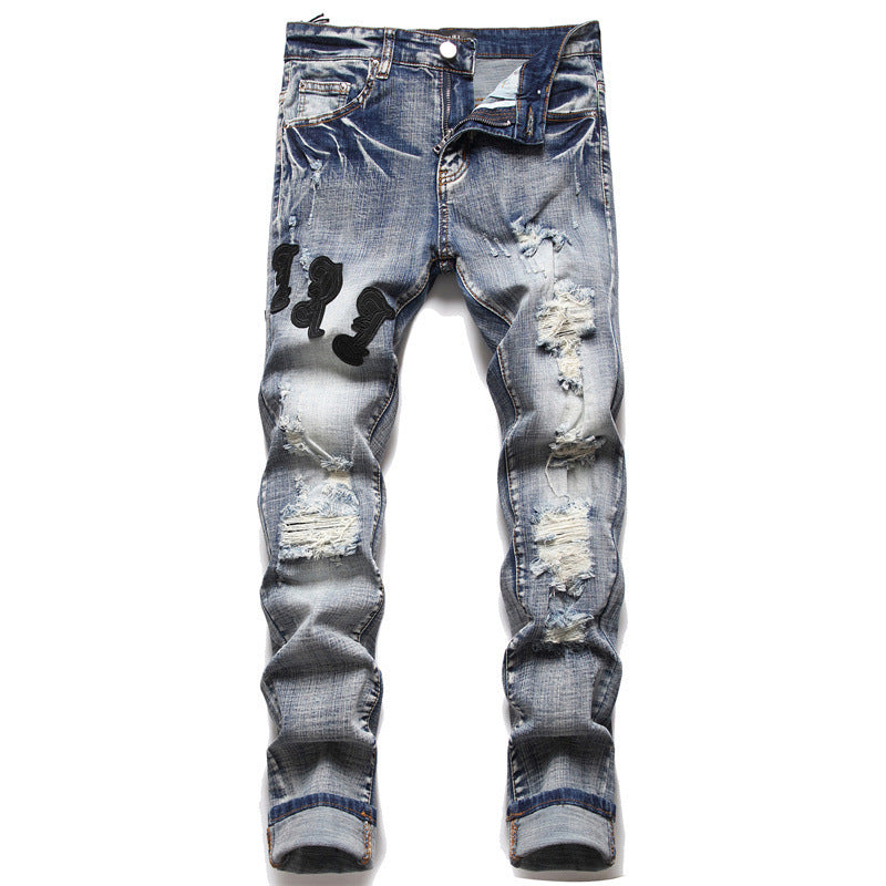 Retro Blue Ripped Slim Elastic Printing Printing And Dyeing Feet Men's Jeans - Urban Stylez Outlet 