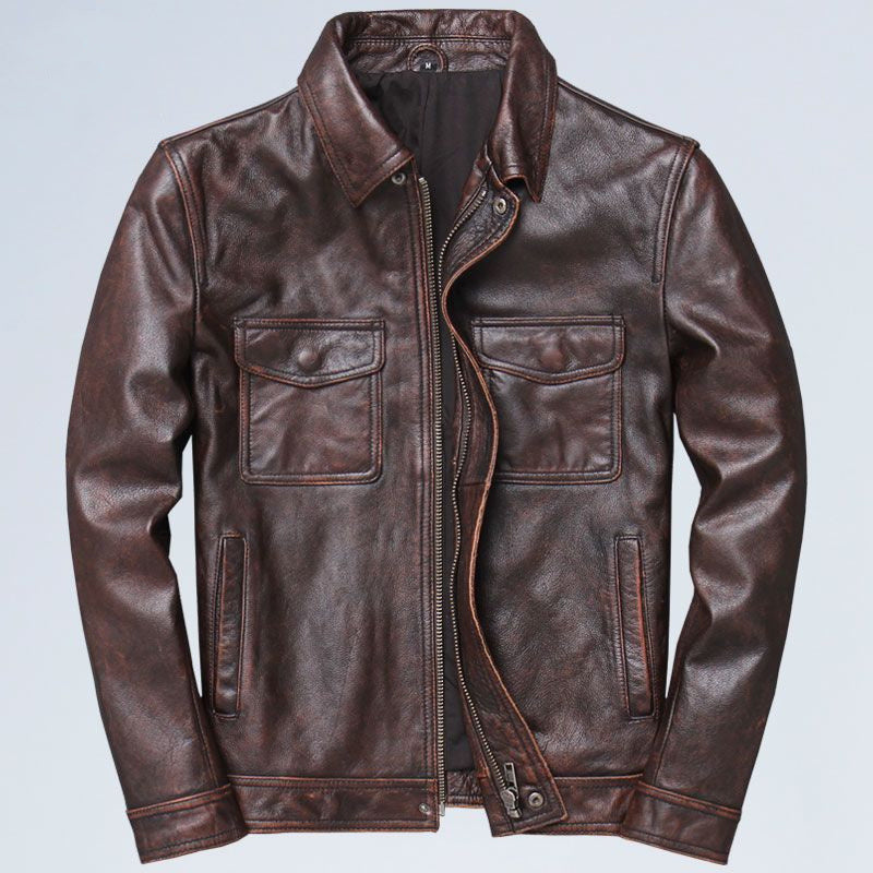 Lapel  Leather Men's Casual Retro Leather Jacket Coat