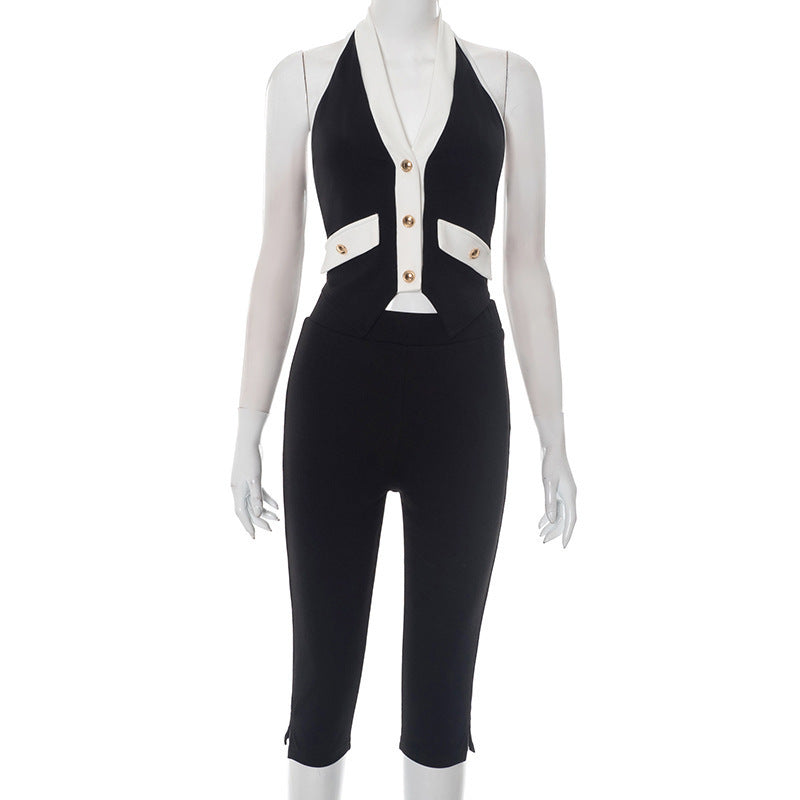 Women's Contrast Color V-neck Gold Button Halter Backless Top Tight Cropped Trousers Suit