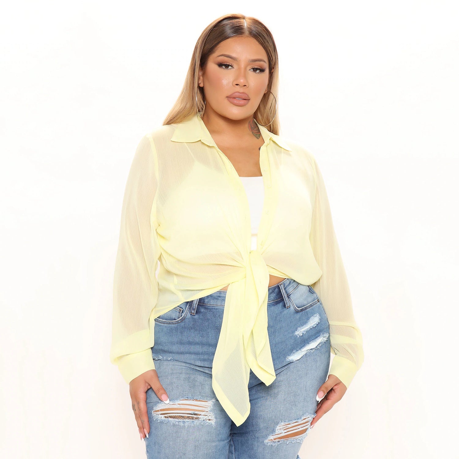 Women's Fashion Long Sleeve Shirts See-Through Protective Clothes