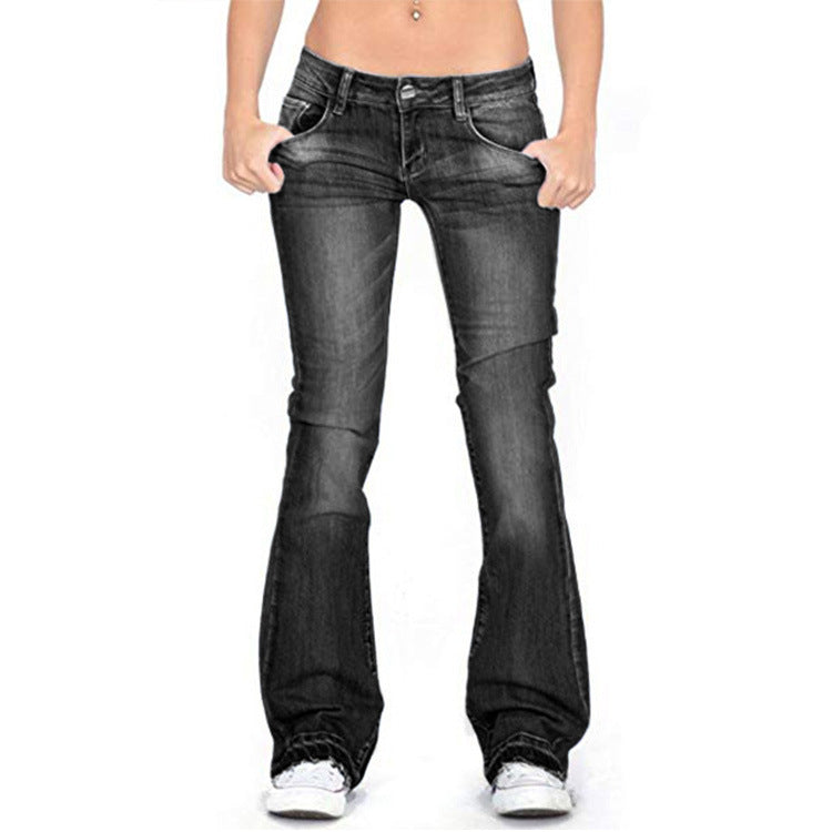 Black flared jeans women trousers with front pockets and button closure in polyester blend fabric