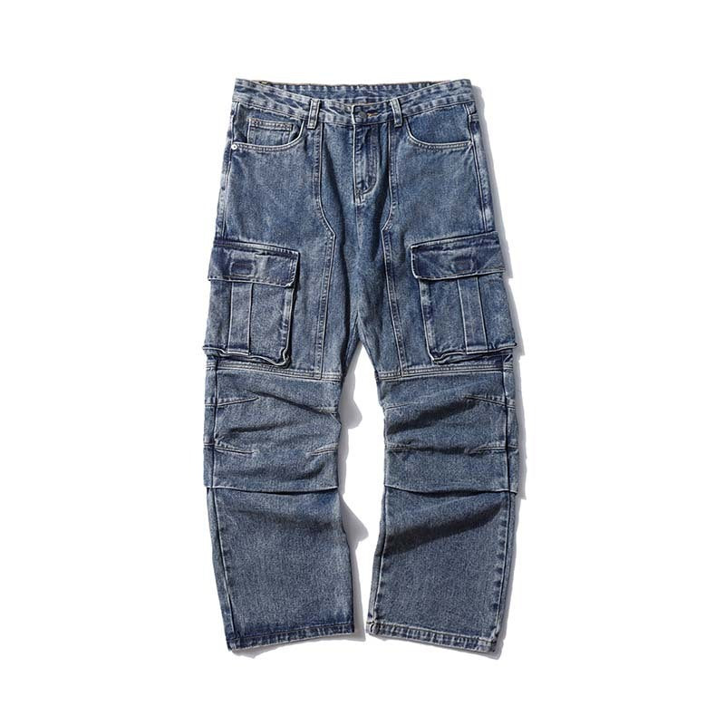 Washed Distressed Multi-pocket Jeans Wide-leg Straight Trousers