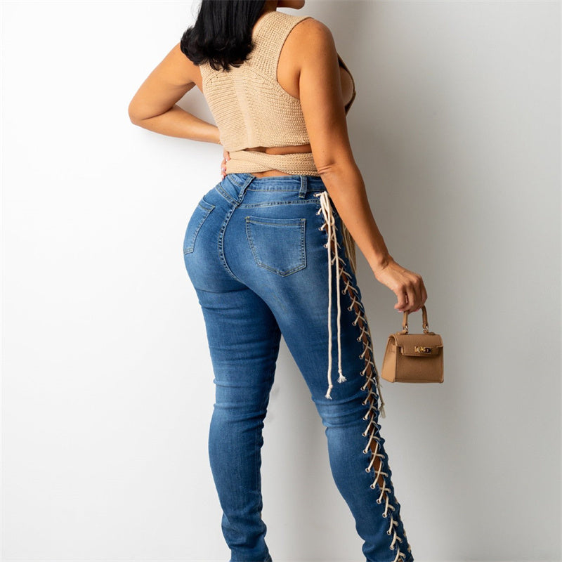Women's Fashion Wear Rope Elastic Slim Fit Denim Pants