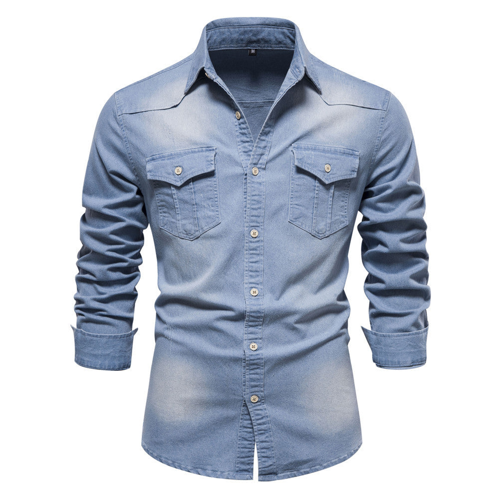 Men's long-sleeved slim fit denim shirt with button closure and chest pockets in light blue cotton fabric