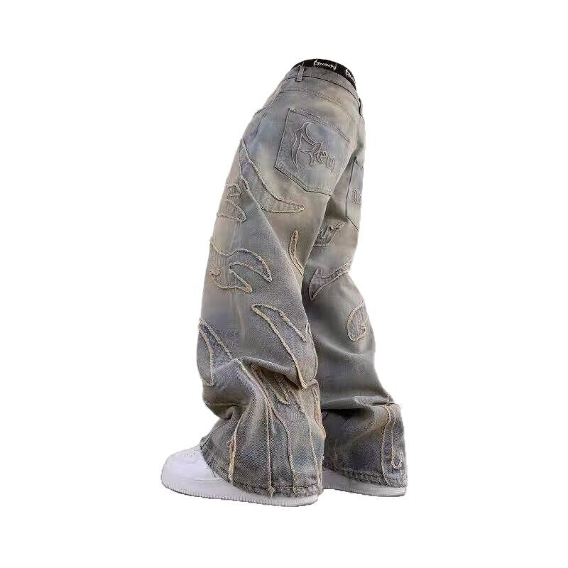 Retro Bat Pattern Lazy Embroidered Loose Jeans