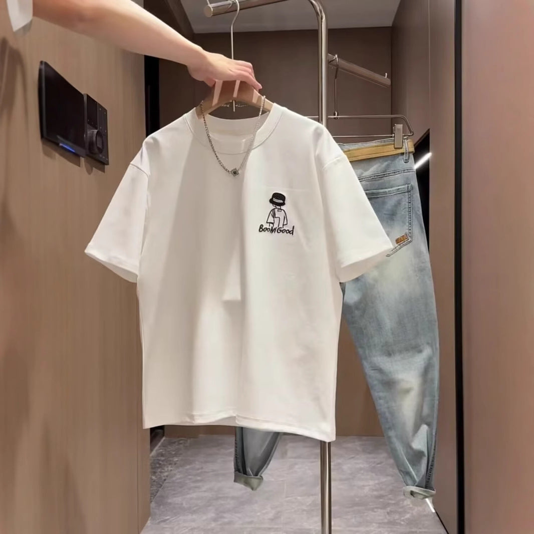 Brand Short Sleeve Ins 100 Cotton Coat Summer Trendy All-matching Crew Neck T-shirt Men