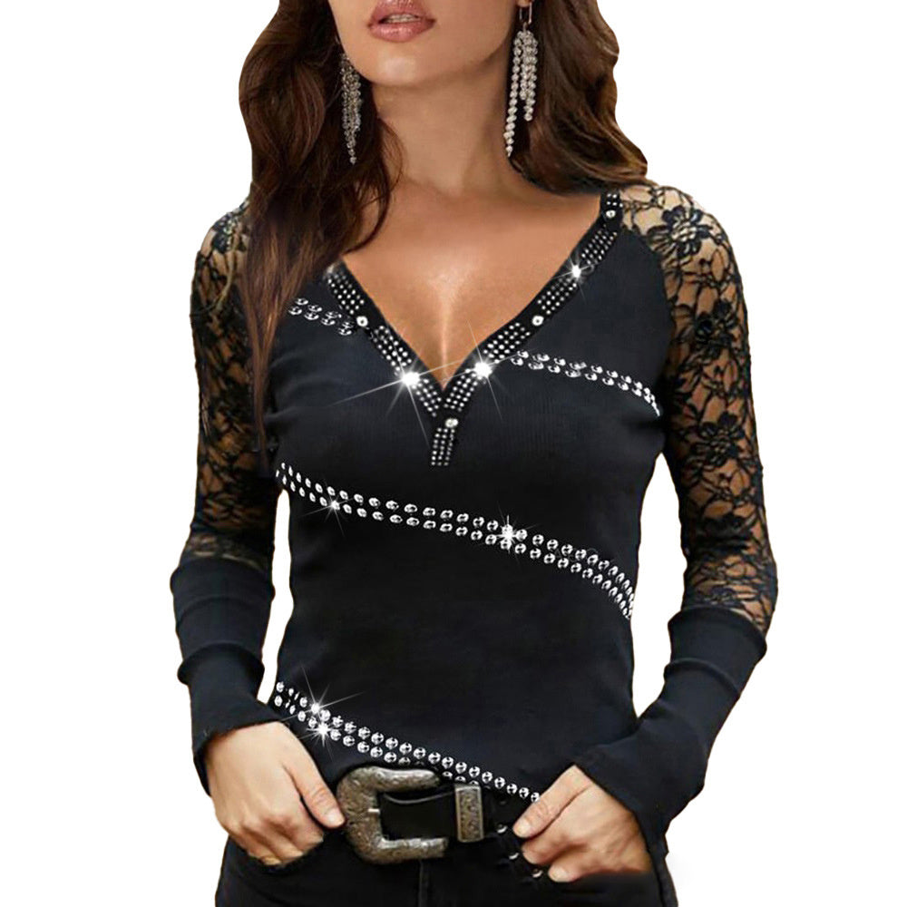 Lightweight Long Sleeve Fashion Bottoming Shirt Rhinestone Lace Blouse