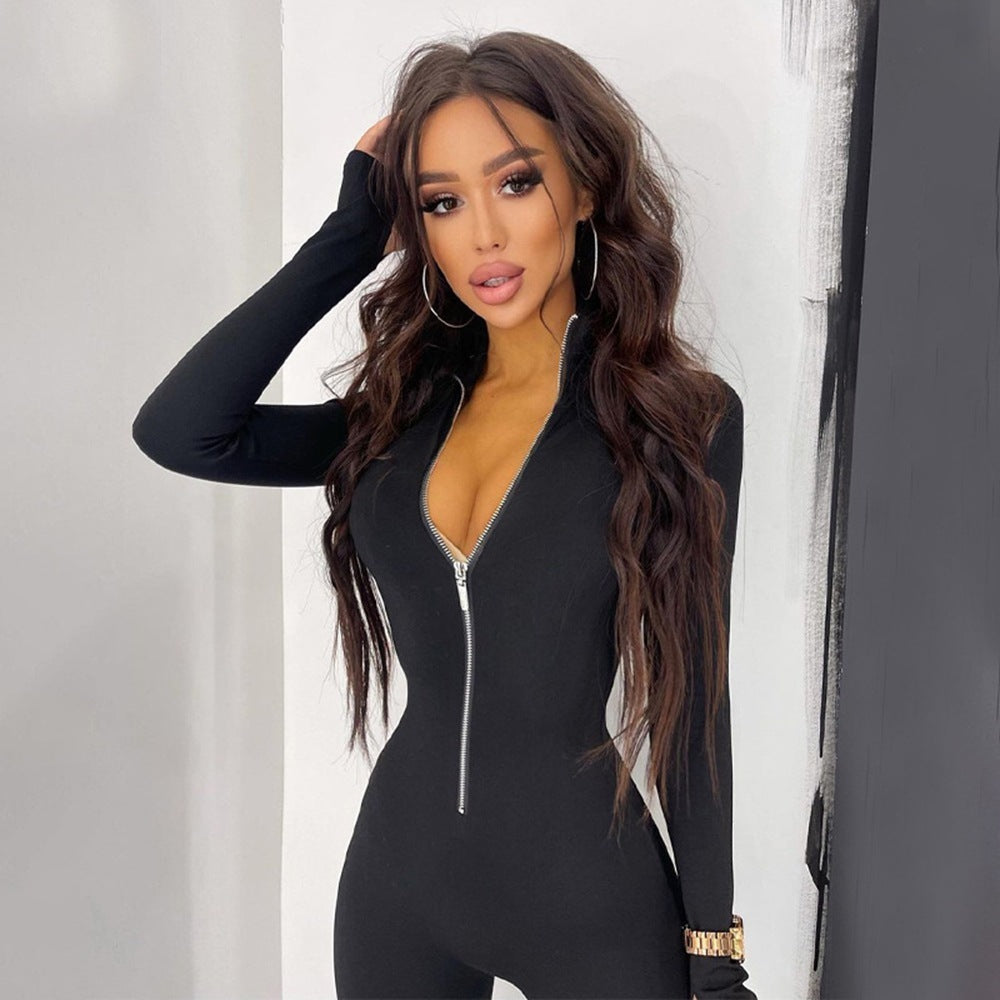 Long Metal Zipper Slim Fit Sports Jumpsuit