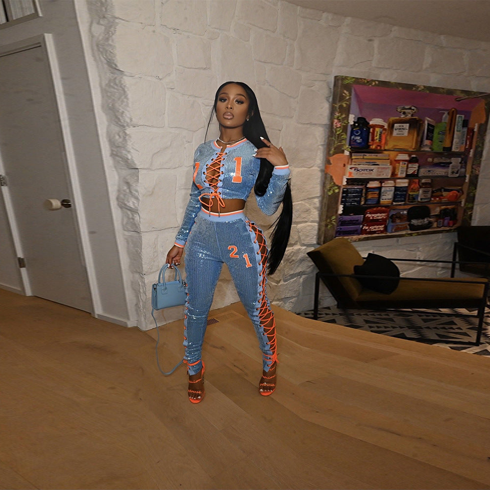 Lace-up Jacket With Pencil Pants Fashion Sequins Two-piece Set