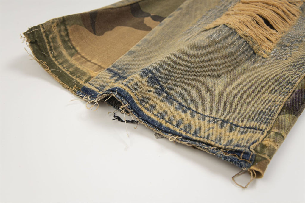 Camouflage Stitching Distressed Raw Hem Jeans Men