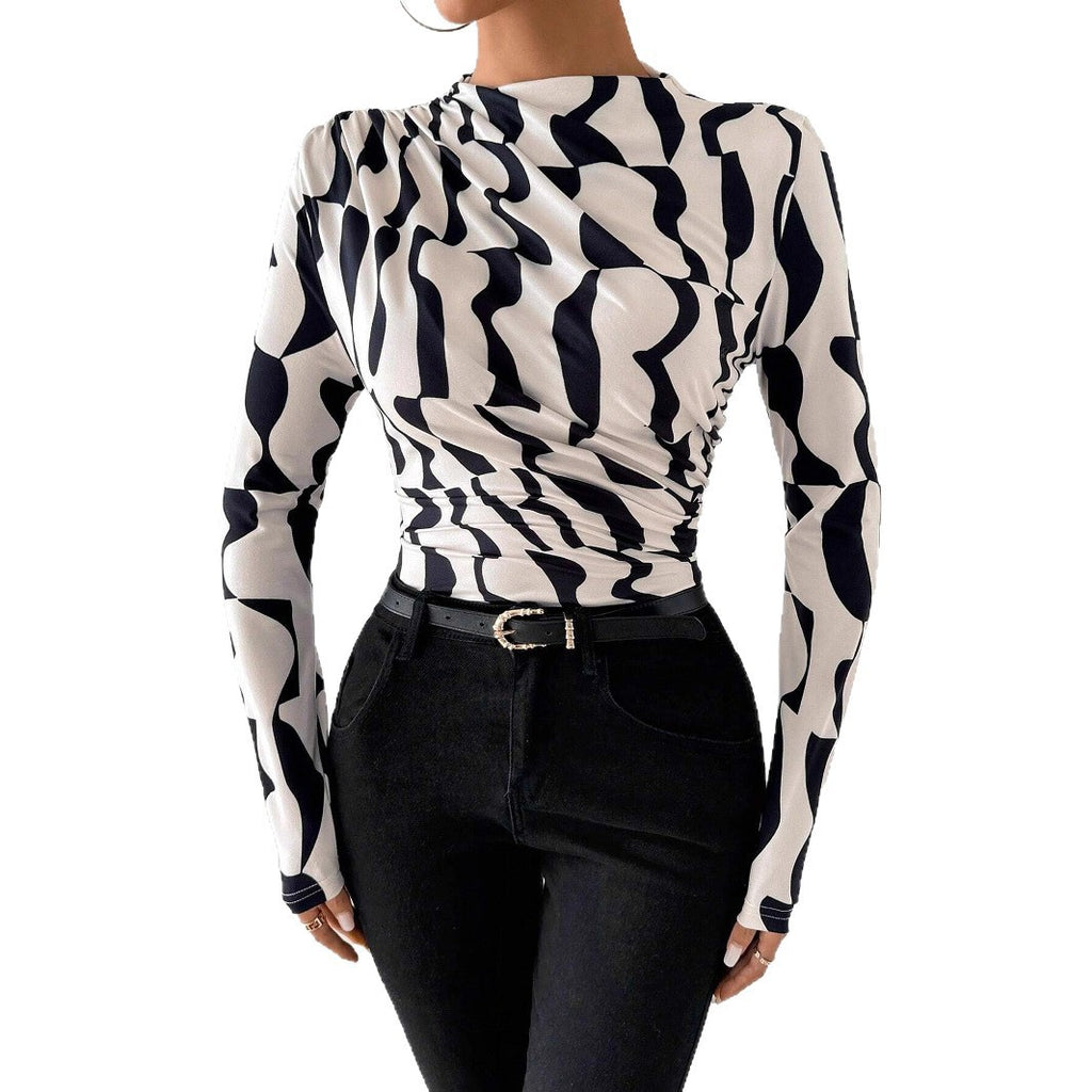 Small Stand Collar Pleated Edge Printing Slim Fit Slimming Top Women