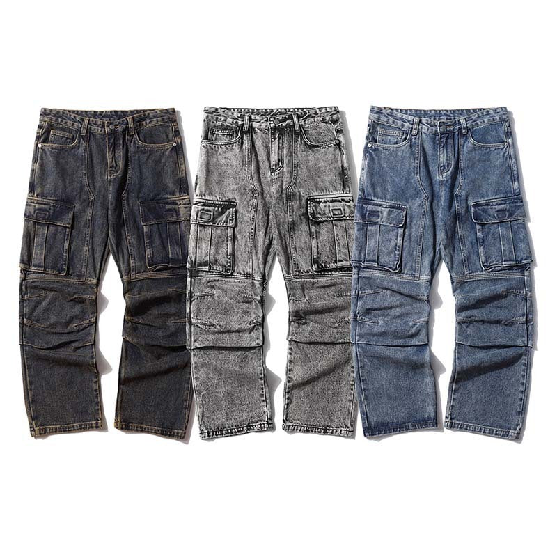Washed Distressed Multi-pocket Jeans Wide-leg Straight Trousers