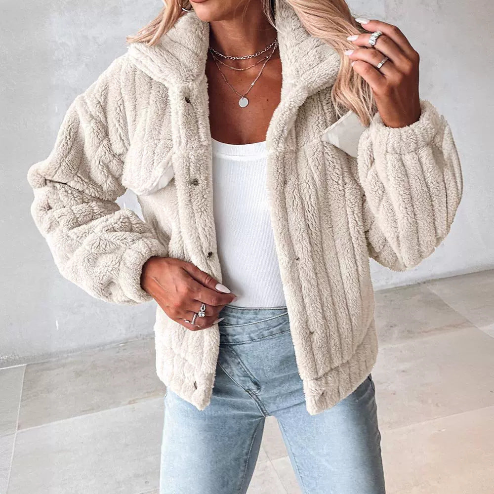 Women's Sunken Stripe Velvet Cardigan Lapel Short Coat