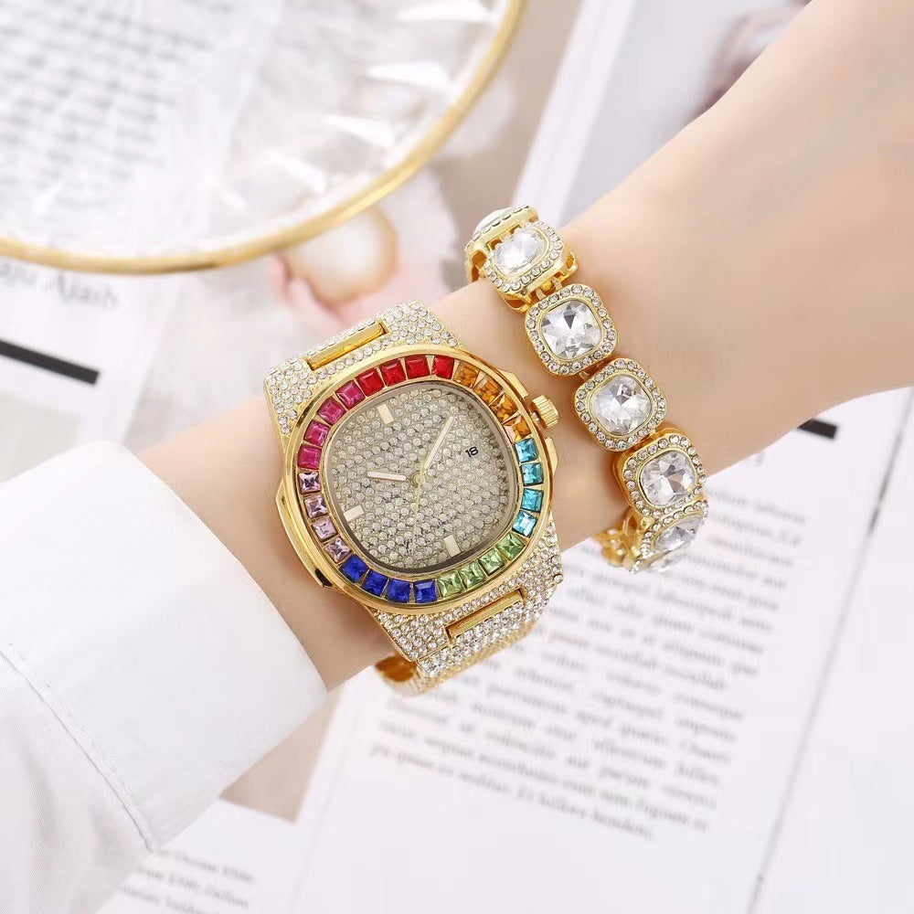 Full Diamond Inlaid Color Diamond Steel Belt Square Belt Calendar Quartz Wrist Watch