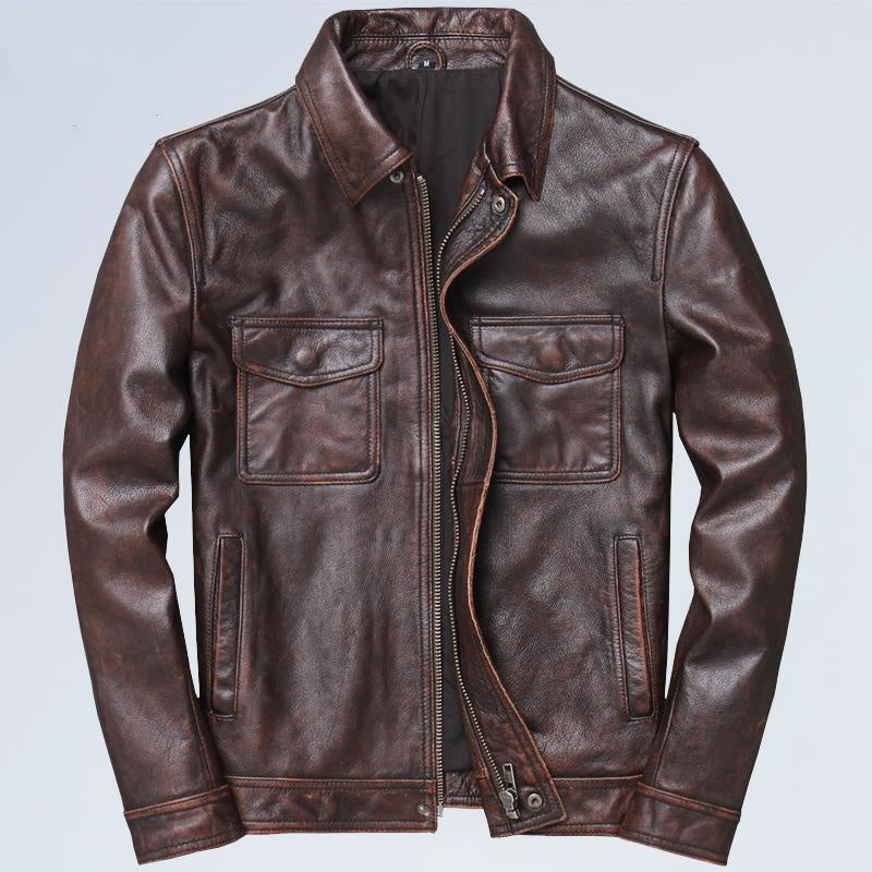 Lapel  Leather Men's Casual Retro Leather Jacket Coat