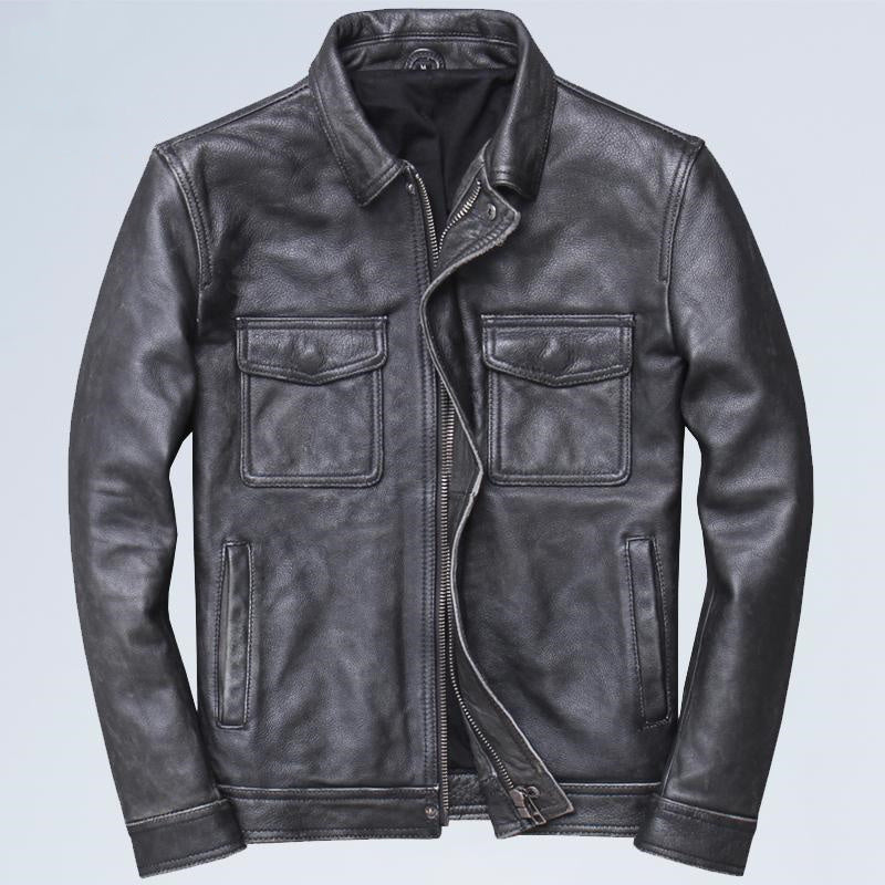Lapel  Leather Men's Casual Retro Leather Jacket Coat