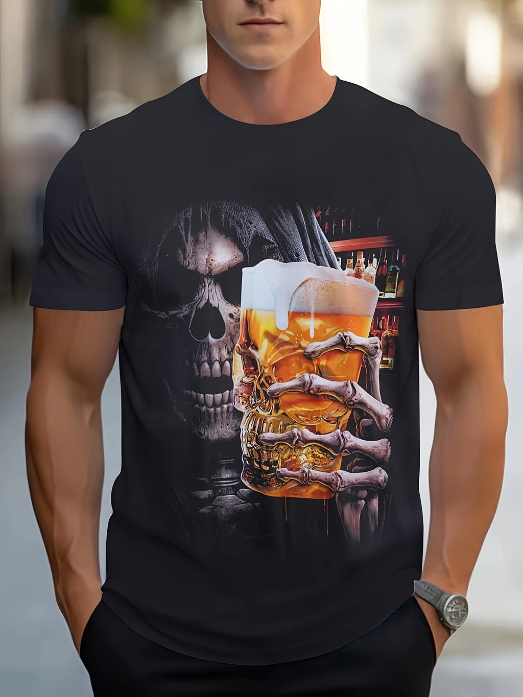 Beer And Skull 3D Printed Men's T-shirt, Casual Creative Short Sleeved Top, Summer Streetwear Men's Clothing