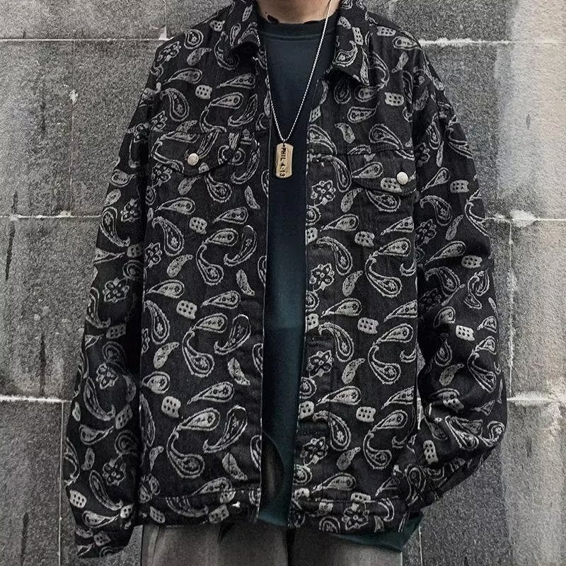 Spring And Autumn Black Jacquard Plaid Denim Jacket