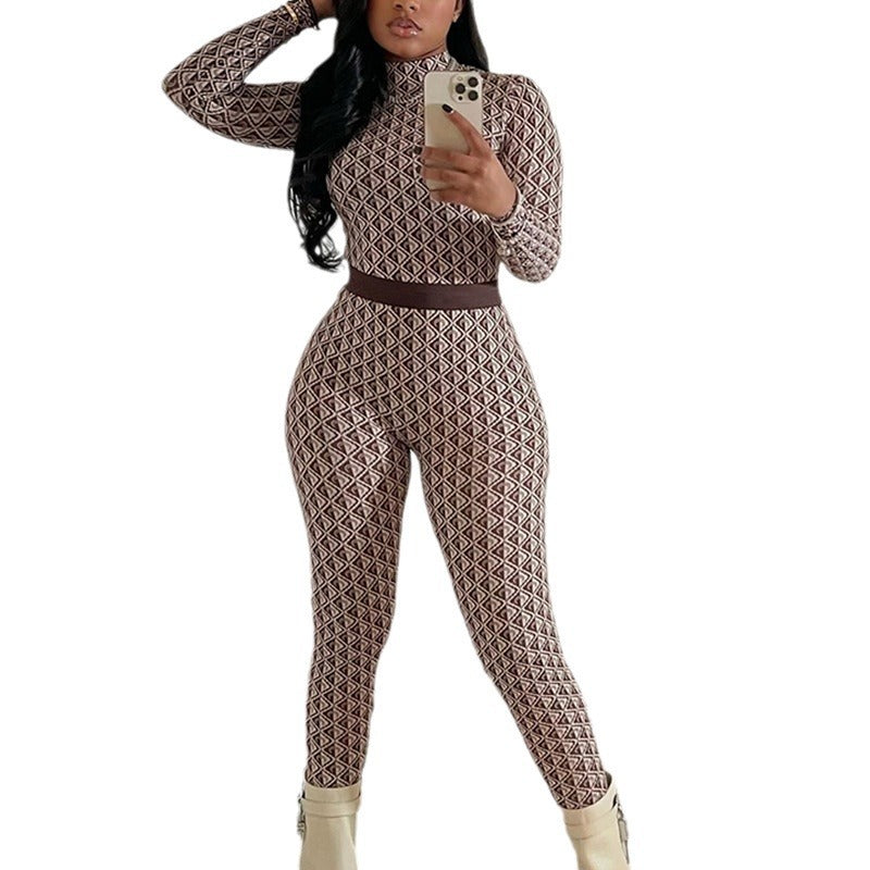 Printed Street Round Neck Long Sleeve Fitness Jumpsuit
