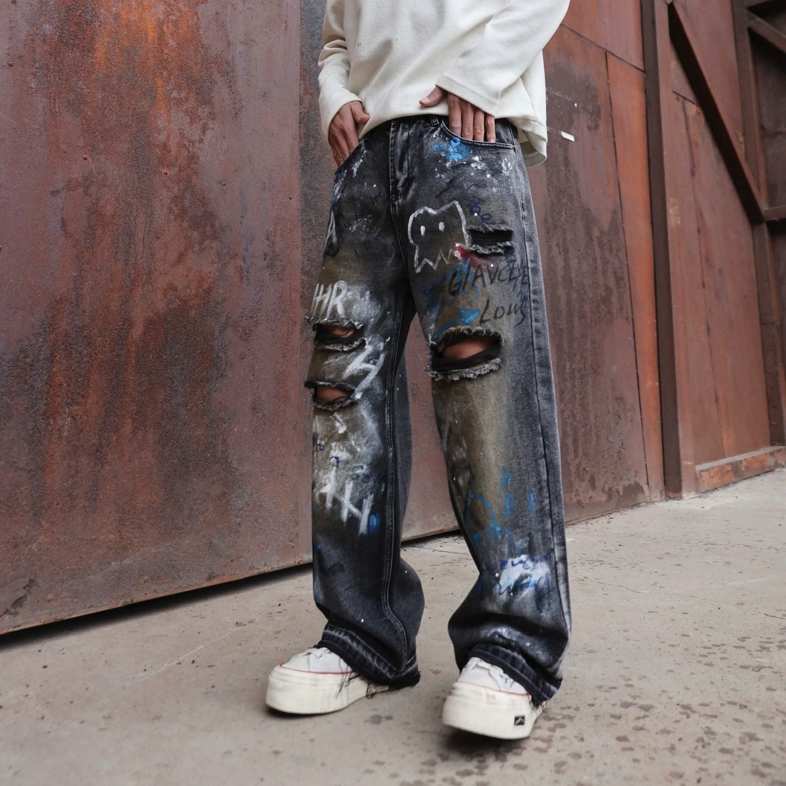 Street Graffiti Ripped Jeans Men Loose Straight Neutral