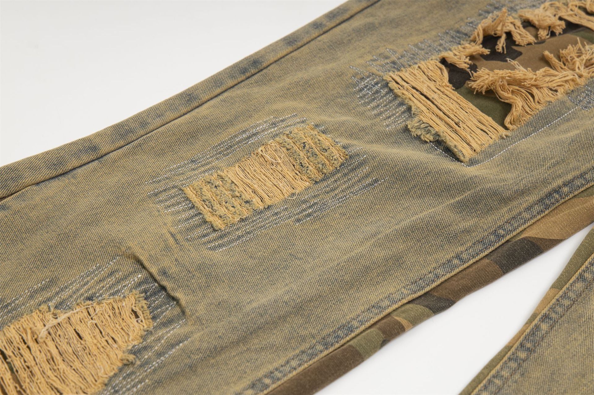 Camouflage Stitching Distressed Raw Hem Jeans Men
