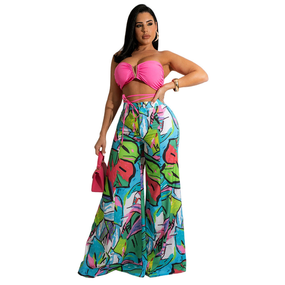 Women's Resort Style Wrap Chest Loose Wide Leg Pants Set
