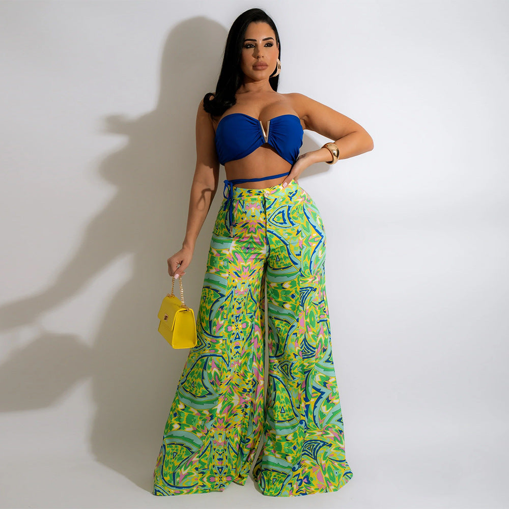 Women's Resort Style Wrap Chest Loose Wide Leg Pants Set