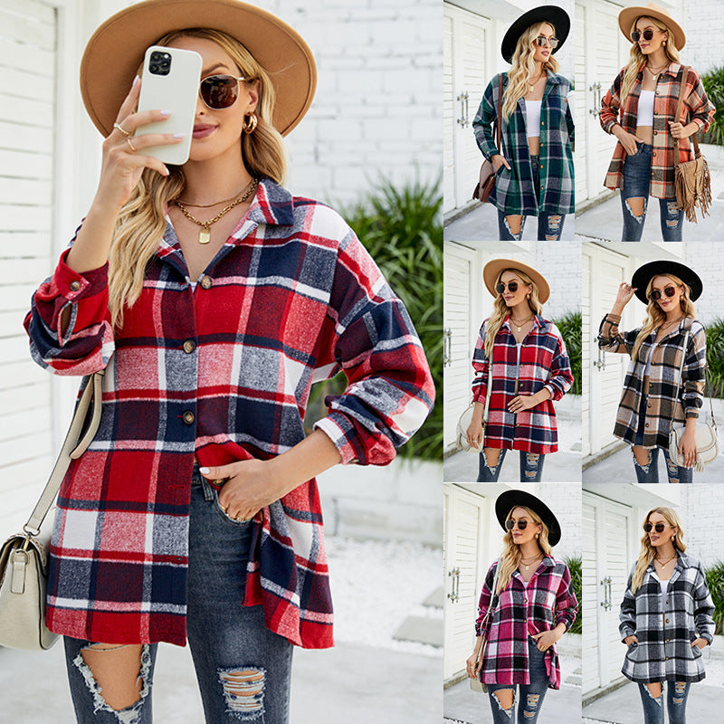 Women's Long-sleeved Plaid Shirt Mid-length Woolen Coat