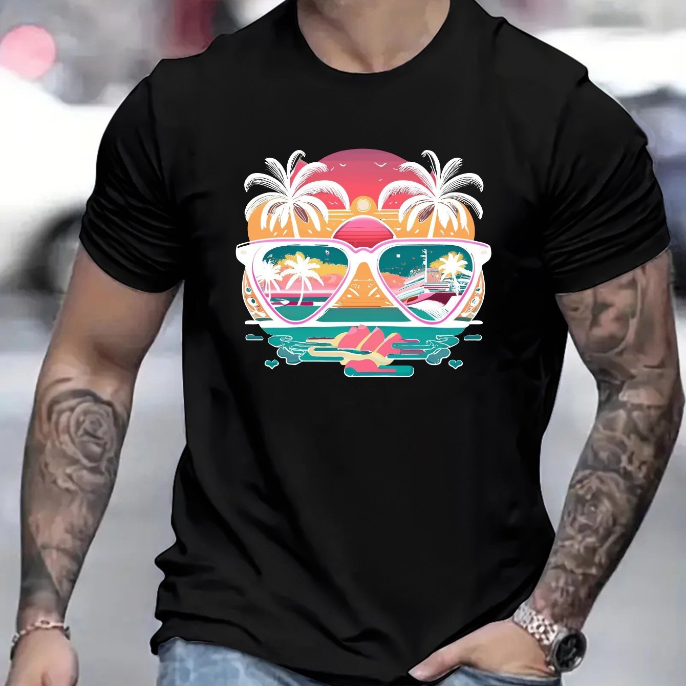 Coconut Tree Sunglasses Print, Men's Round Neck Short Sleeved Shirt, Casual And Comfortable Breathable Top For Spring And Summer Vacation, Men's Casual Vacation As A Gift