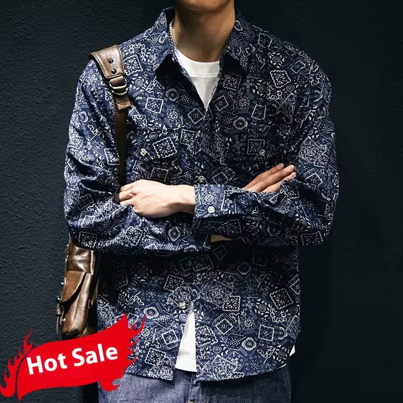 Social Style Denim Printing Men's Lapel Casual Shirt