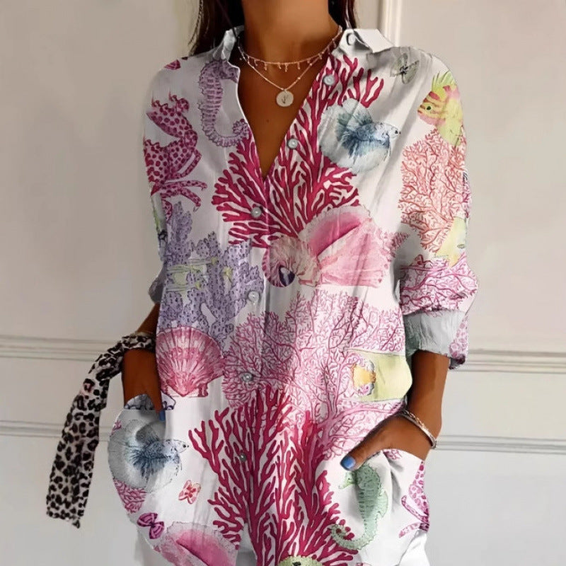Floral Print Long-sleeved Shirt Women's Casual Button Tops Clothing