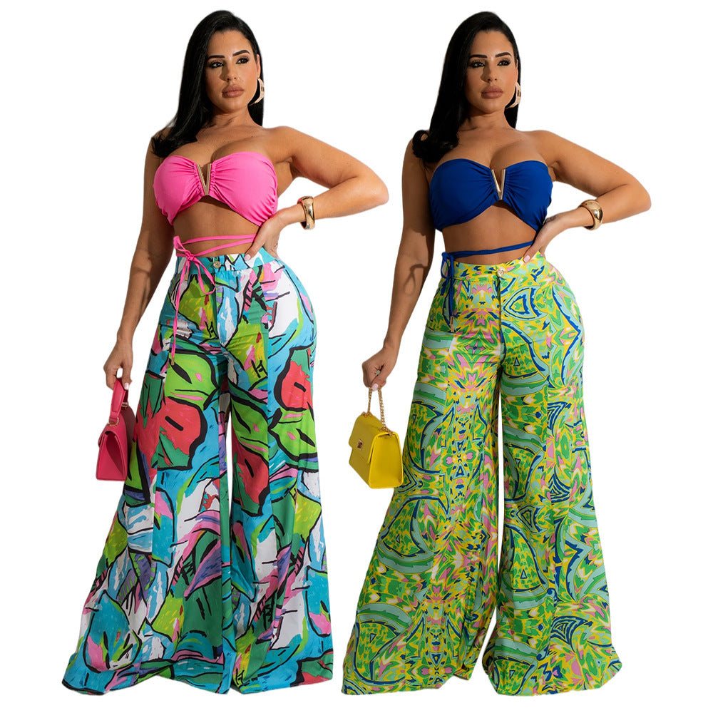 Women's Resort Style Wrap Chest Loose Wide Leg Pants Set
